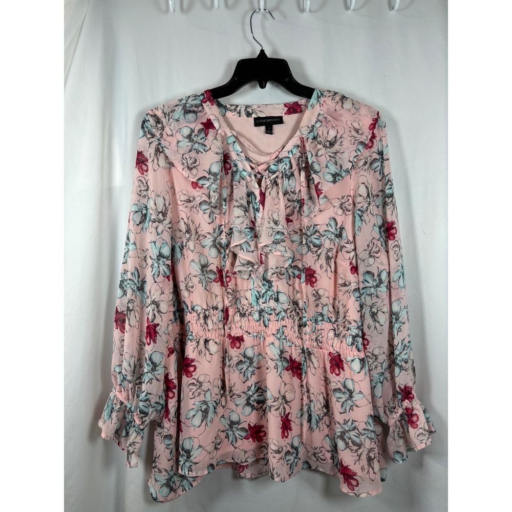 Lane Bryant Pink Floral Chiffon Smocked Waist Ruffle Blouse Plus Size 22